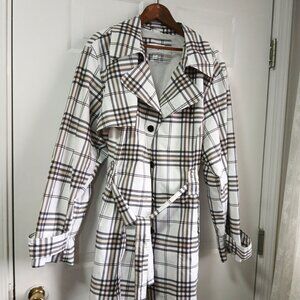 White Trench Coat with Tan, Beige and Brown Plaid Size Plus 4 X by Fashion Bug